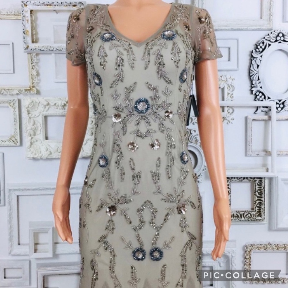 Adrianna Papell beaded short sleeves V- neck long gown - Picture 6 of 10